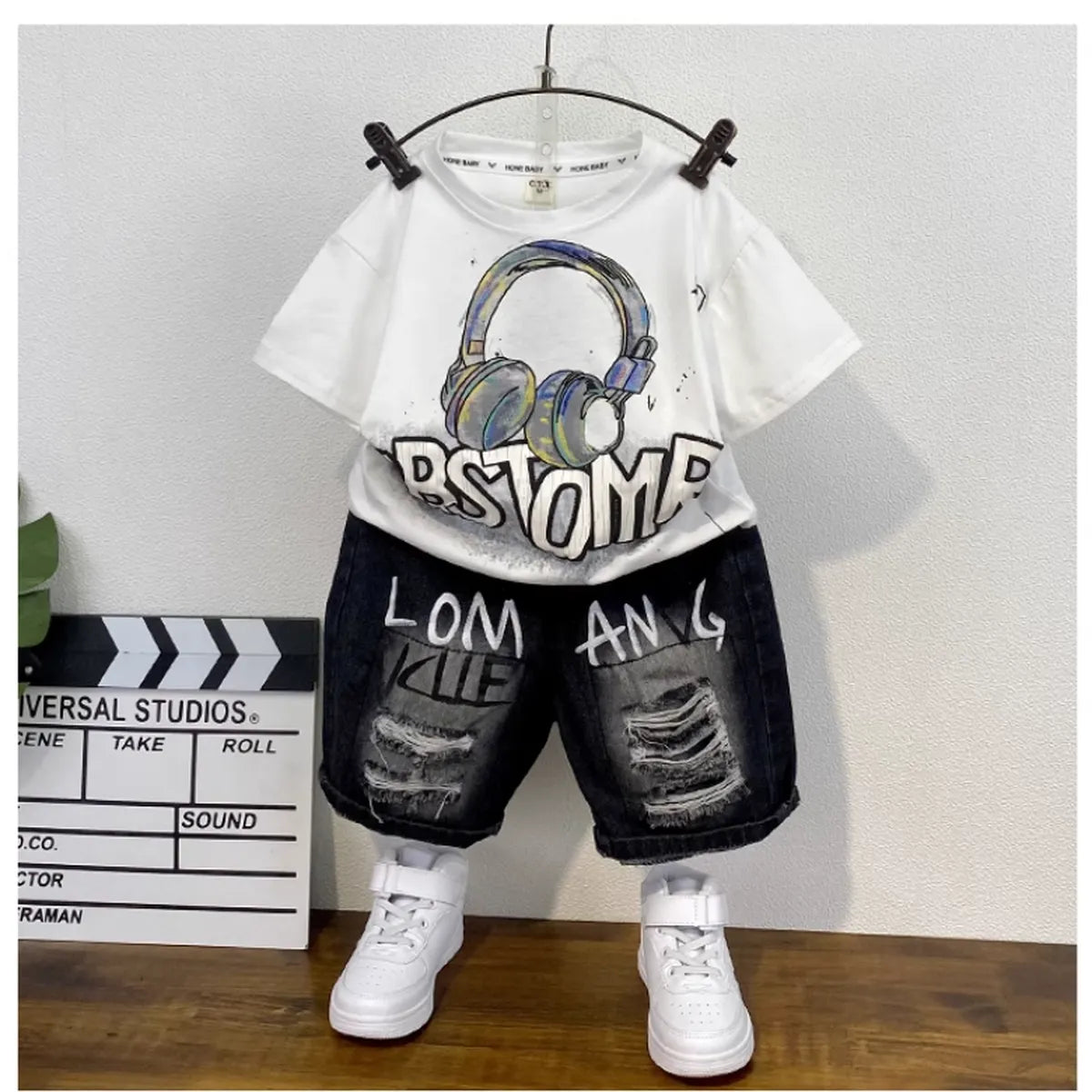 Graffiti Headphones Tee & Distressed Shorts β Street Vibes Look (1-7 Years)